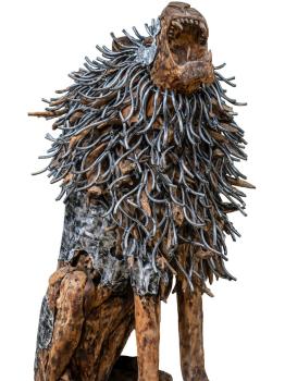 Preview: Löwe brüllend aus Teakwurzeln und Aluminium